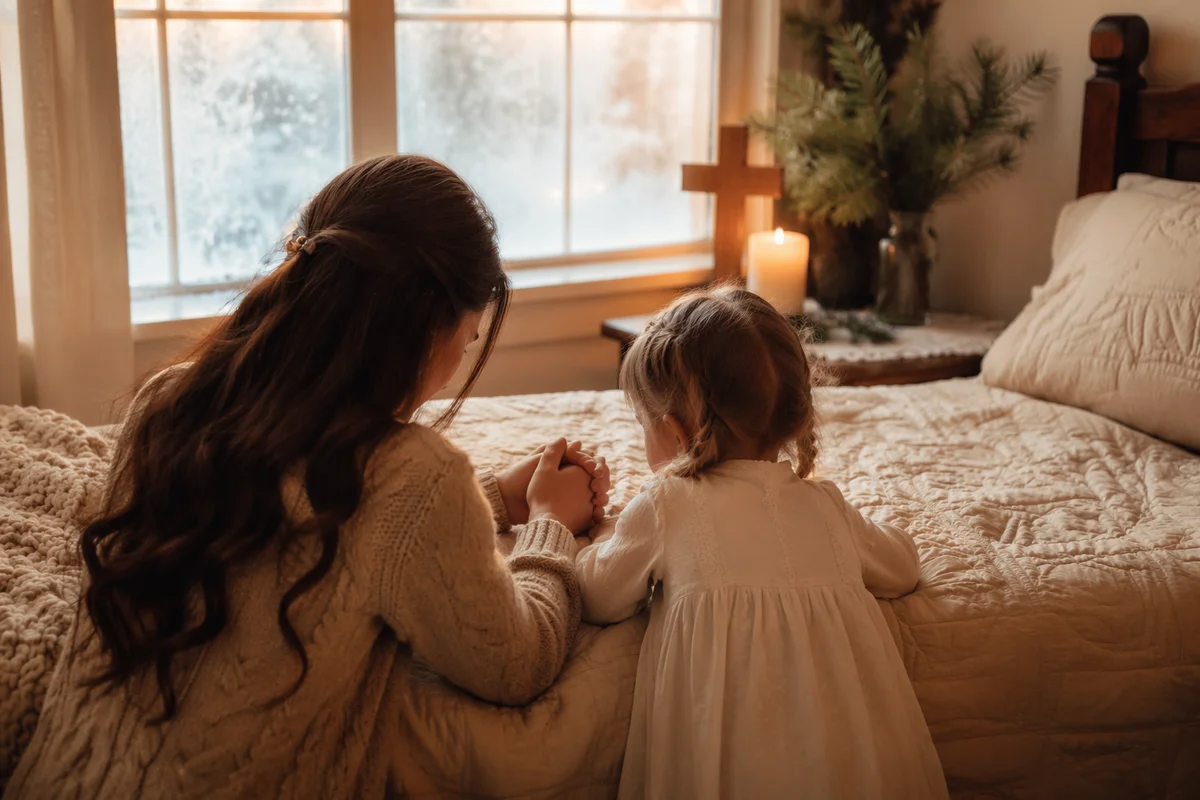 Mother and Child Praying on Winter Morning