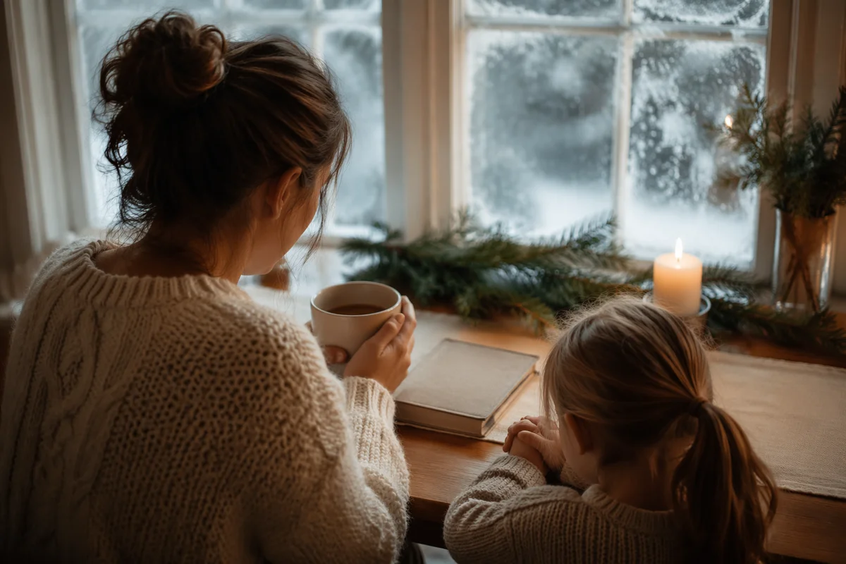 Mother and Child Praying in Winter Light