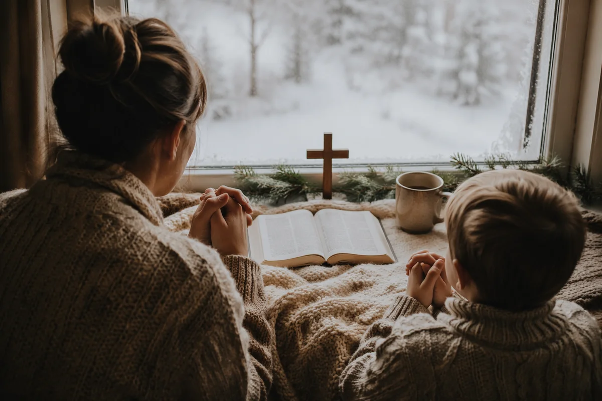 Mother and Child Praying by Winter Window
