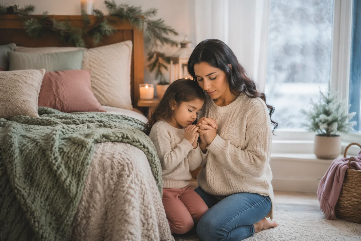 Mother and Daughter Praying on Winter Morning