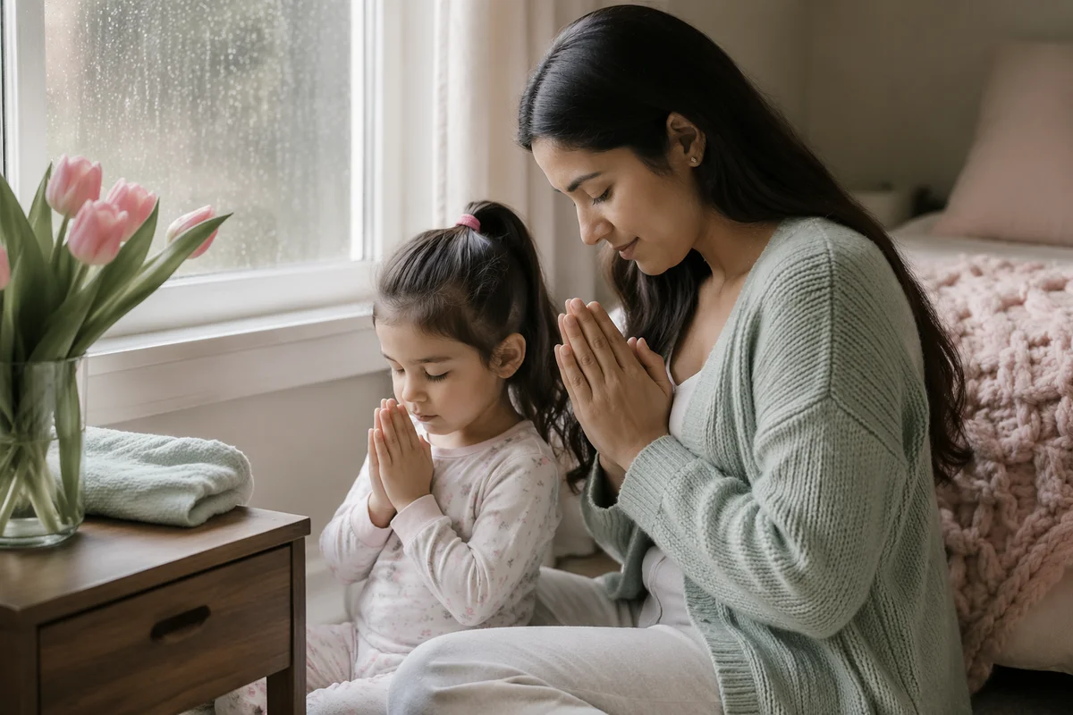 Mother and Child Praying by Window