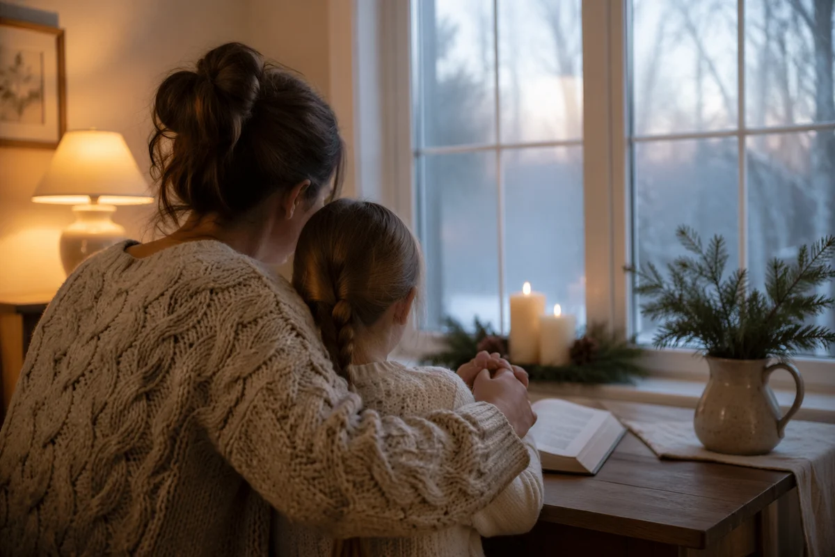 Mother and Child Praying in Winter Light