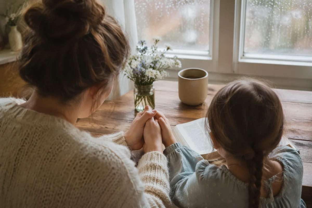 Mother and Child Praying in Spring Light