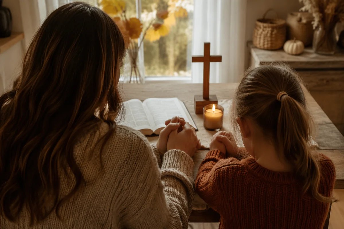 Mother and Child Praying in Autumn Light