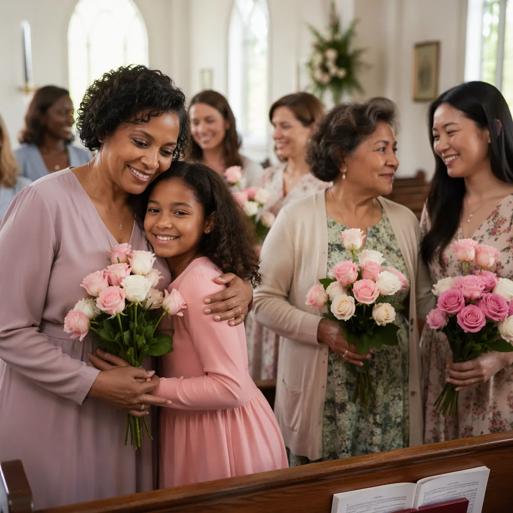 Mothers Holding Roses in Church Aisle