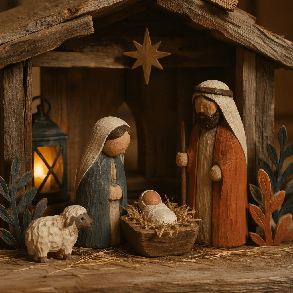 Warm Wooden Nativity in Rustic Stable