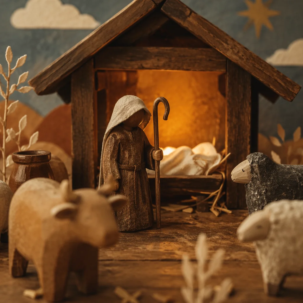 Warm Nativity Stable with Shepherd Figurine