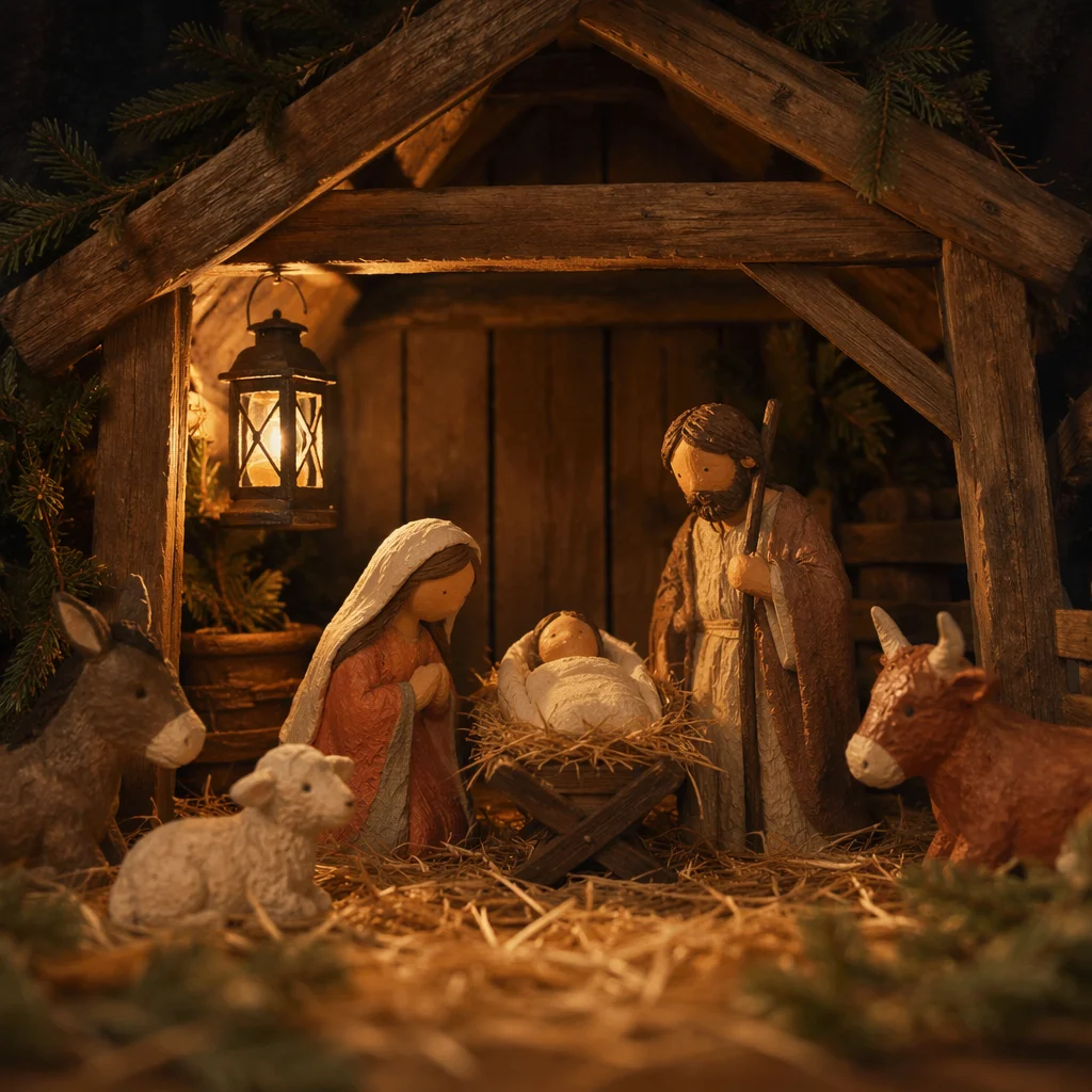 Warm Lantern Nativity in Rustic Stable