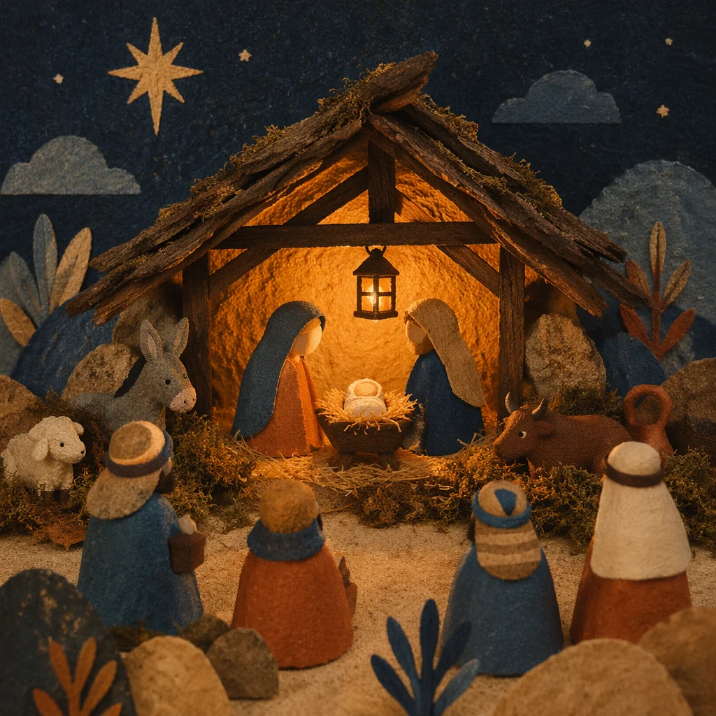 Warm Lantern Nativity Stable Close-Up