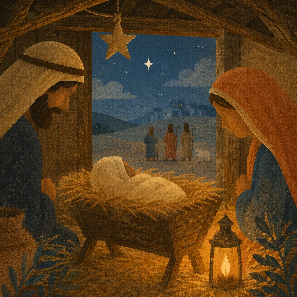 Warm Lantern Nativity in Rustic Stable