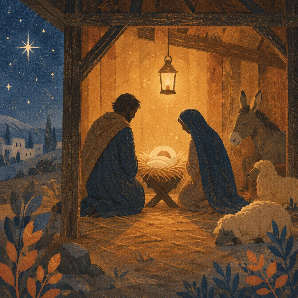 Warm Stable Nativity at Winter Twilight