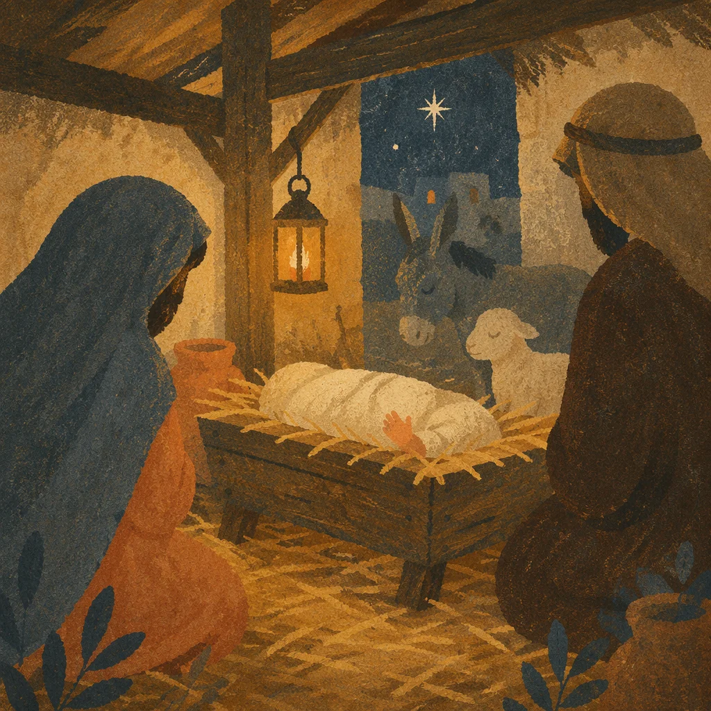 Warm Lantern Nativity in Rustic Stable
