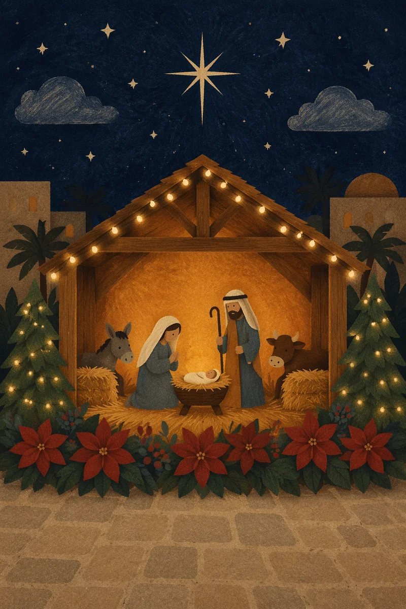 Warm Nativity Stable Under Christmas Lights