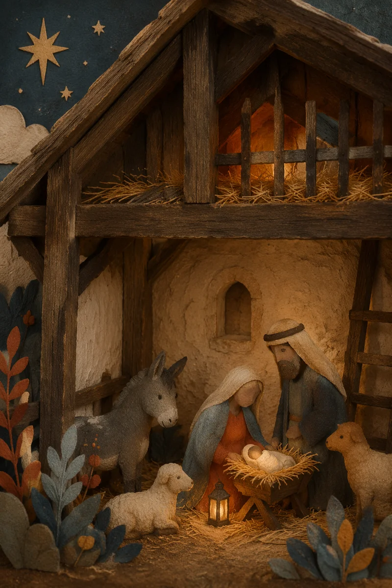 Warm Lantern Nativity Stable Diorama