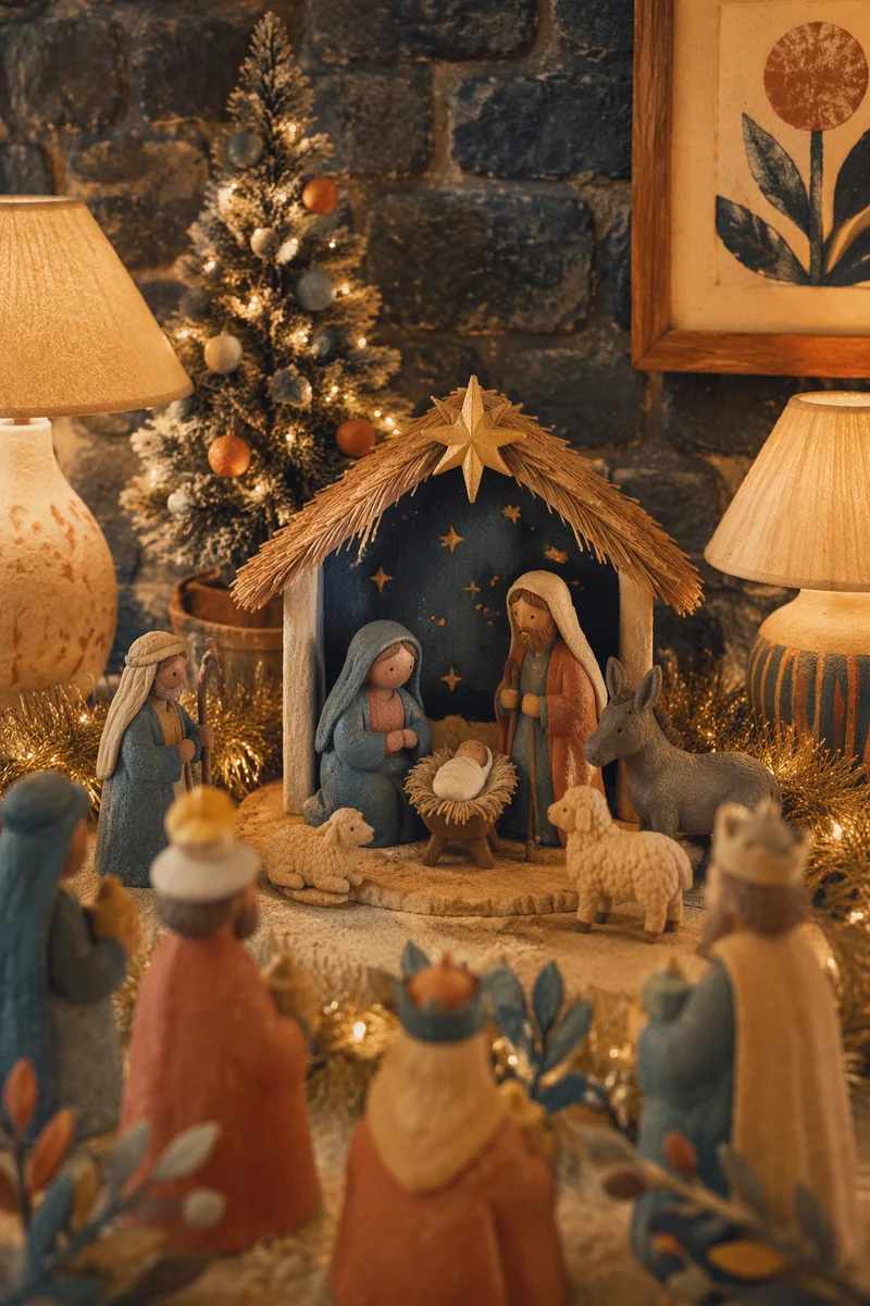 Warm Miniature Nativity Stable with Fairy Lights