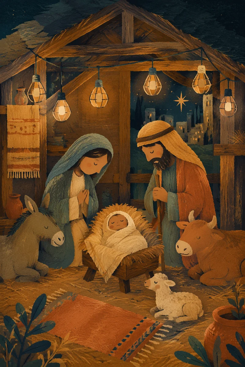 Warm Stable Nativity Under Amber Lights