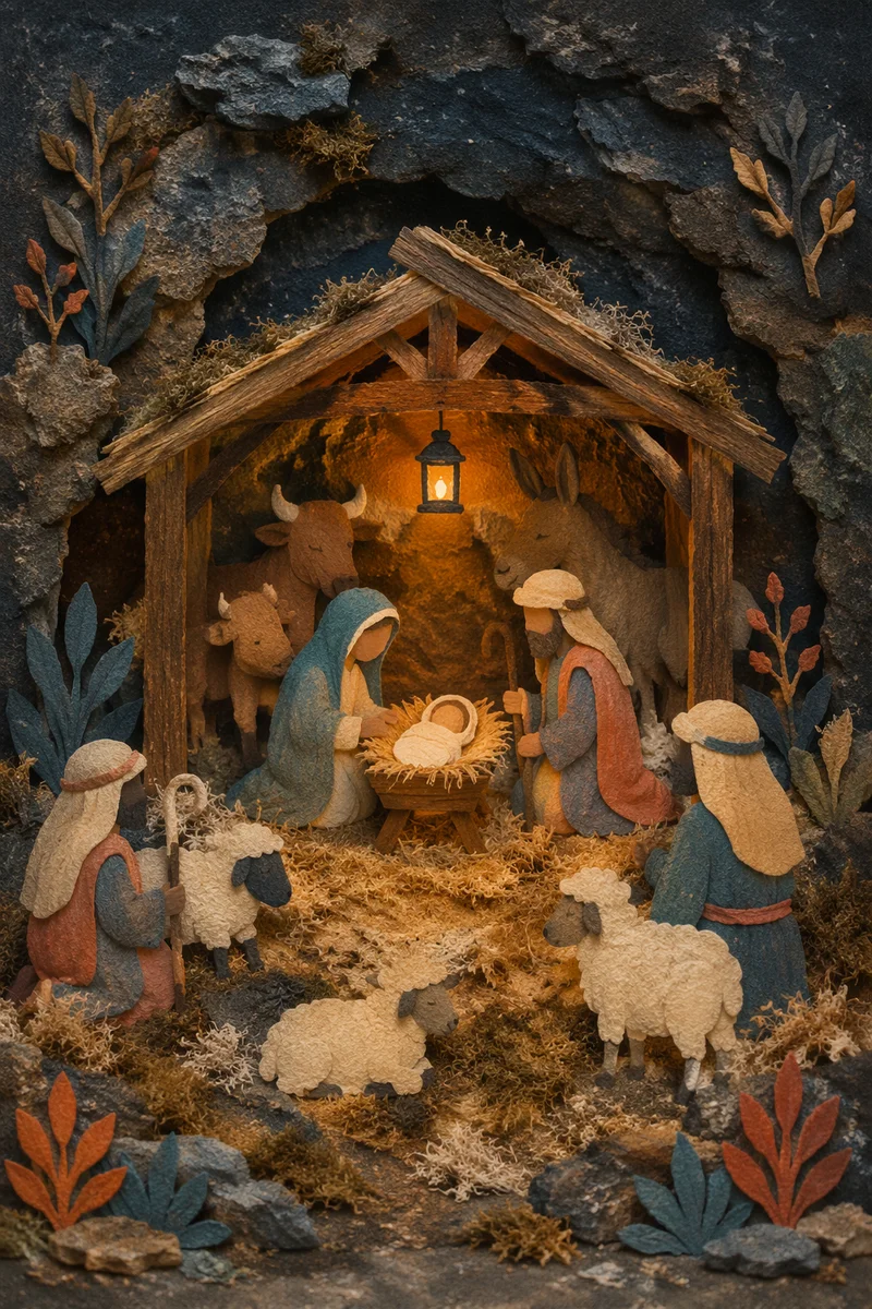 Warm Stable Nativity Diorama with Lantern Light