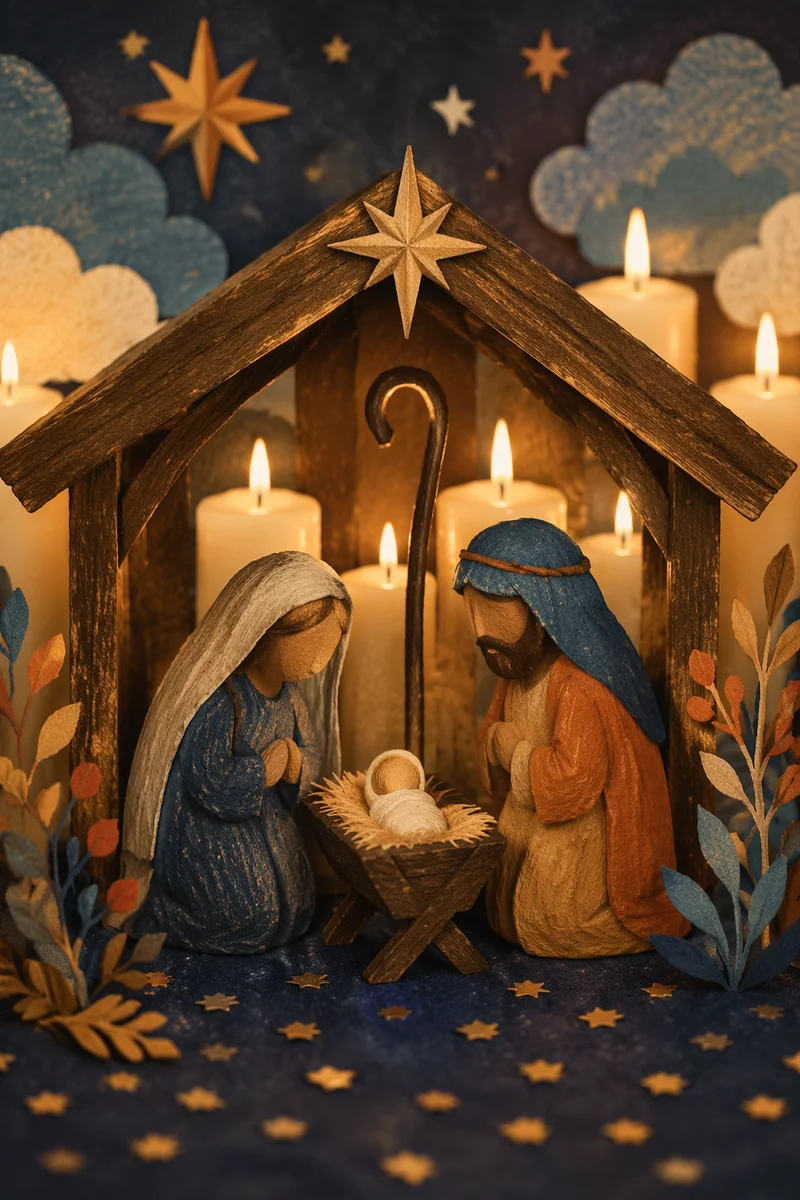 Warm Candlelit Nativity Stable with Wooden Figures