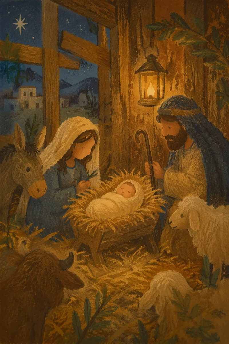 Warm Nativity Scene in Rustic Stable