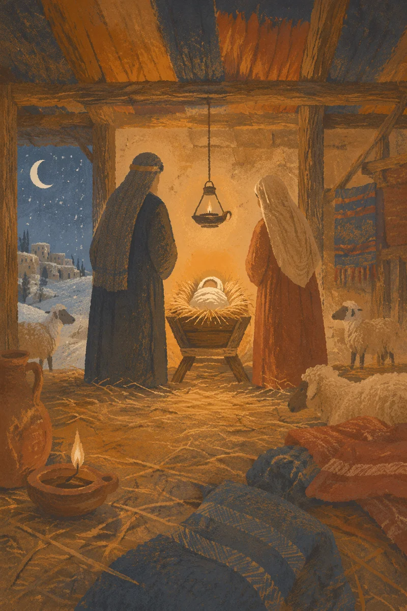 Warm Lantern Nativity in Snowy Stable