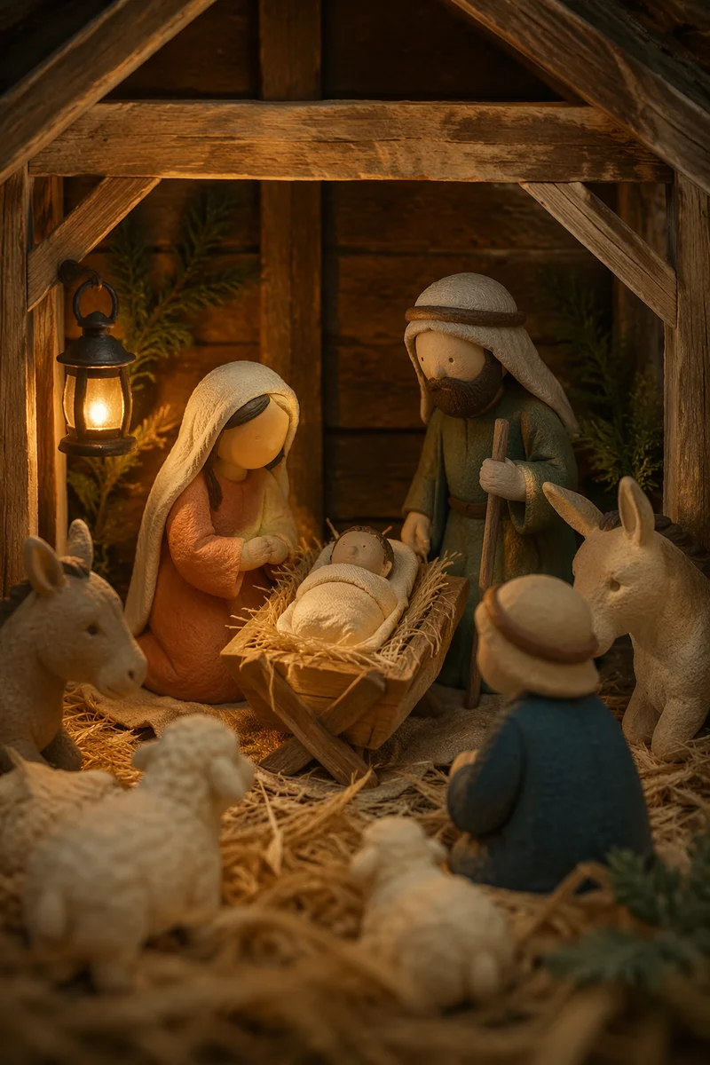 Warm Nativity Scene in Rustic Stable