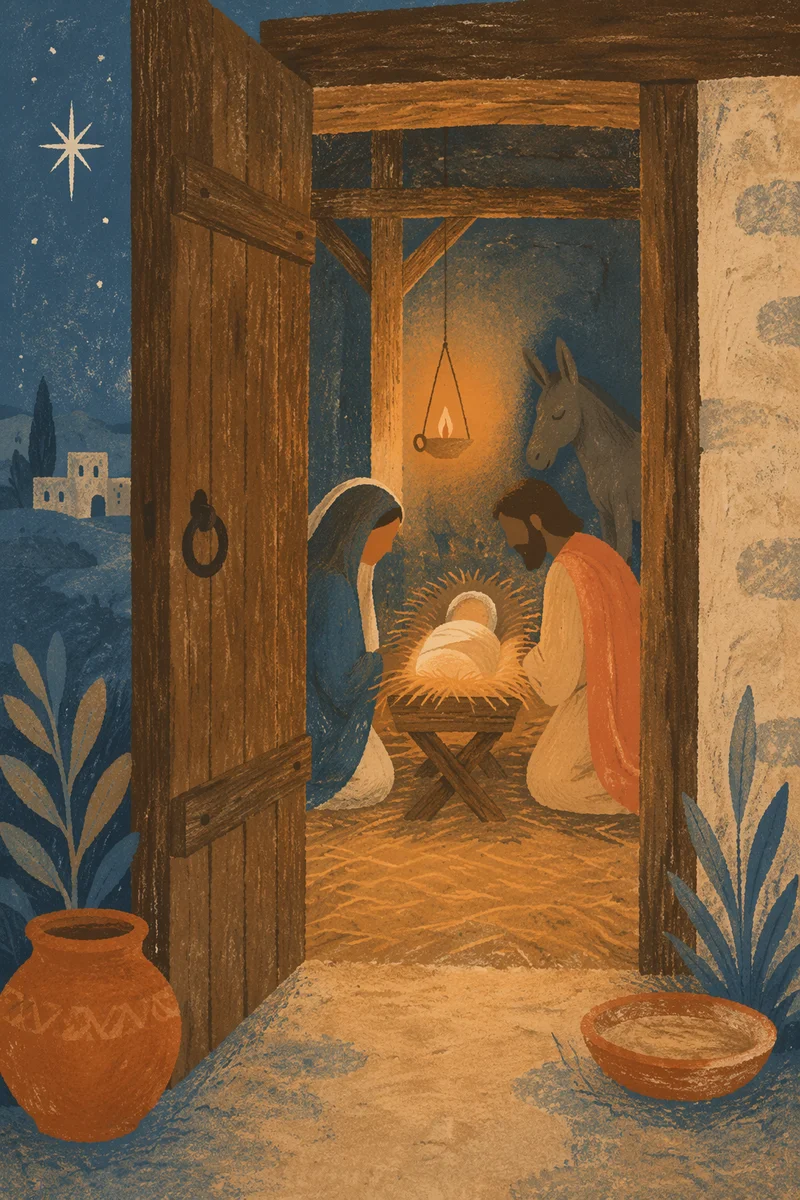 Warm Nativity Stable at Blue Hour