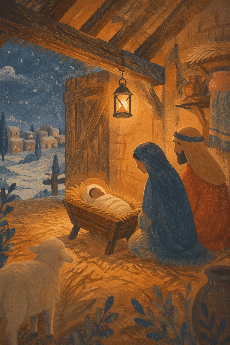 Warm Stable Nativity at Winter Twilight