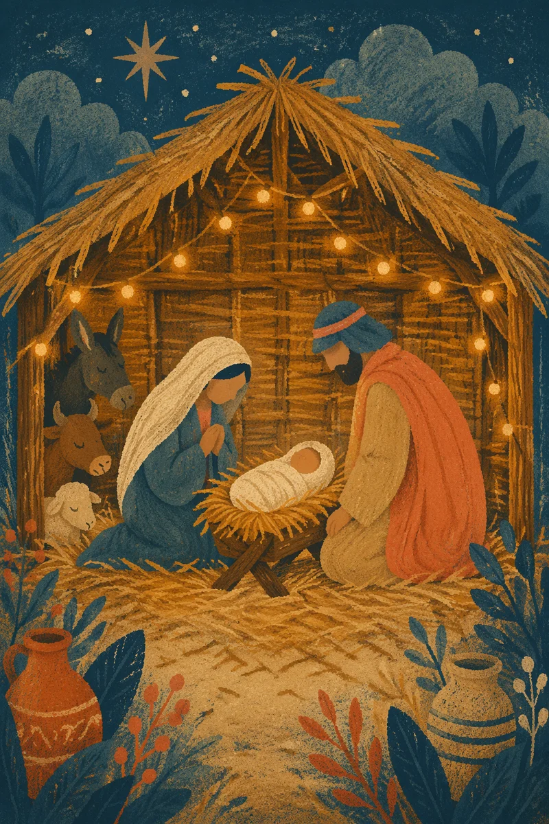 Warm Stable Nativity with Golden Straw Lights