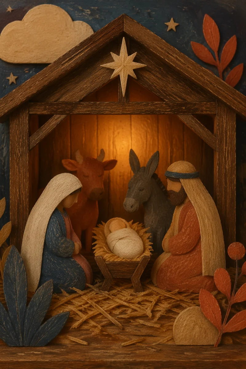 Warm Stable Nativity with Handcrafted Manger