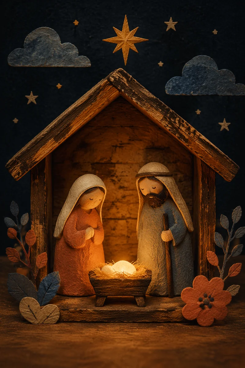 Warm Candlelit Nativity in Wooden Stable