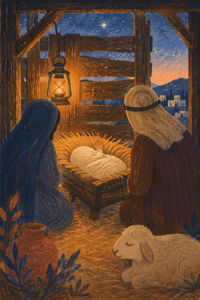 Warm Stable Nativity at Winter Dawn