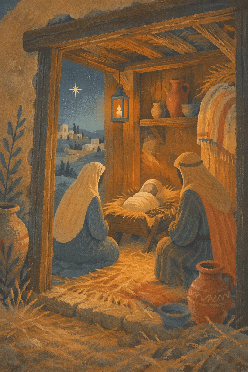 Warm Stable Nativity at Winter Dusk