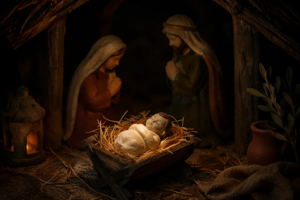 Warm Stable Nativity with Glowing Manger