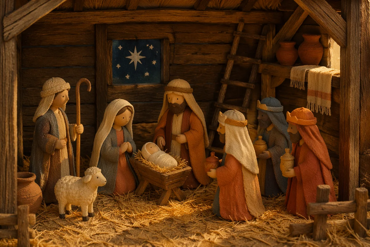 Warm Stable Nativity with Handcrafted Figurines