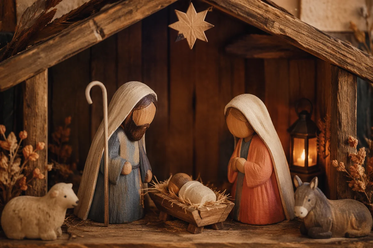 Warm Lantern Wooden Nativity Stable
