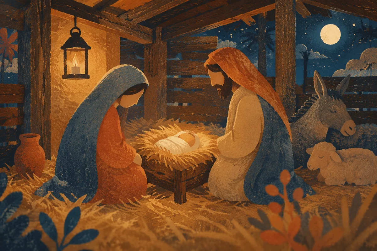 Warm Lantern Nativity in Rustic Stable