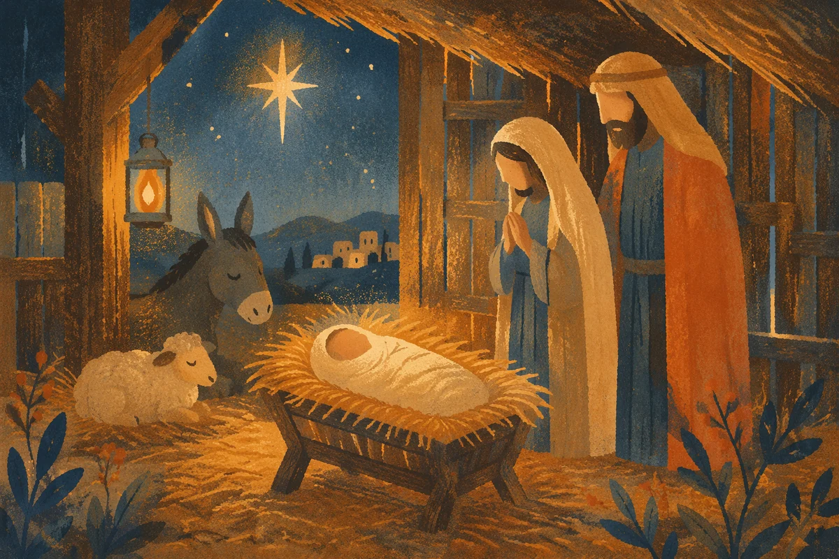 Warm Lantern Nativity in Rustic Stable