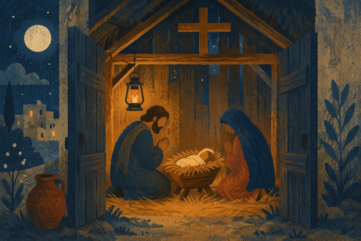 Warm Lantern Nativity in Rustic Stable