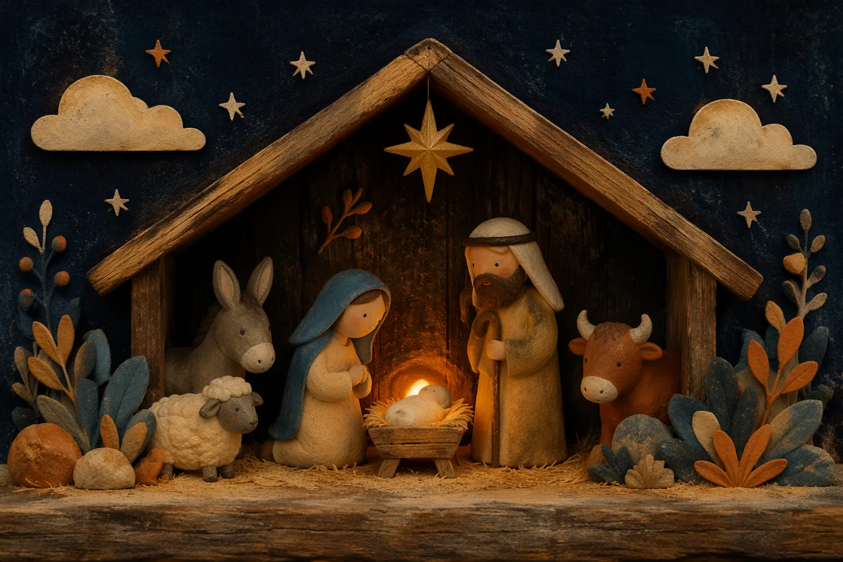 Warm Nativity Stable with Handmade Figurines