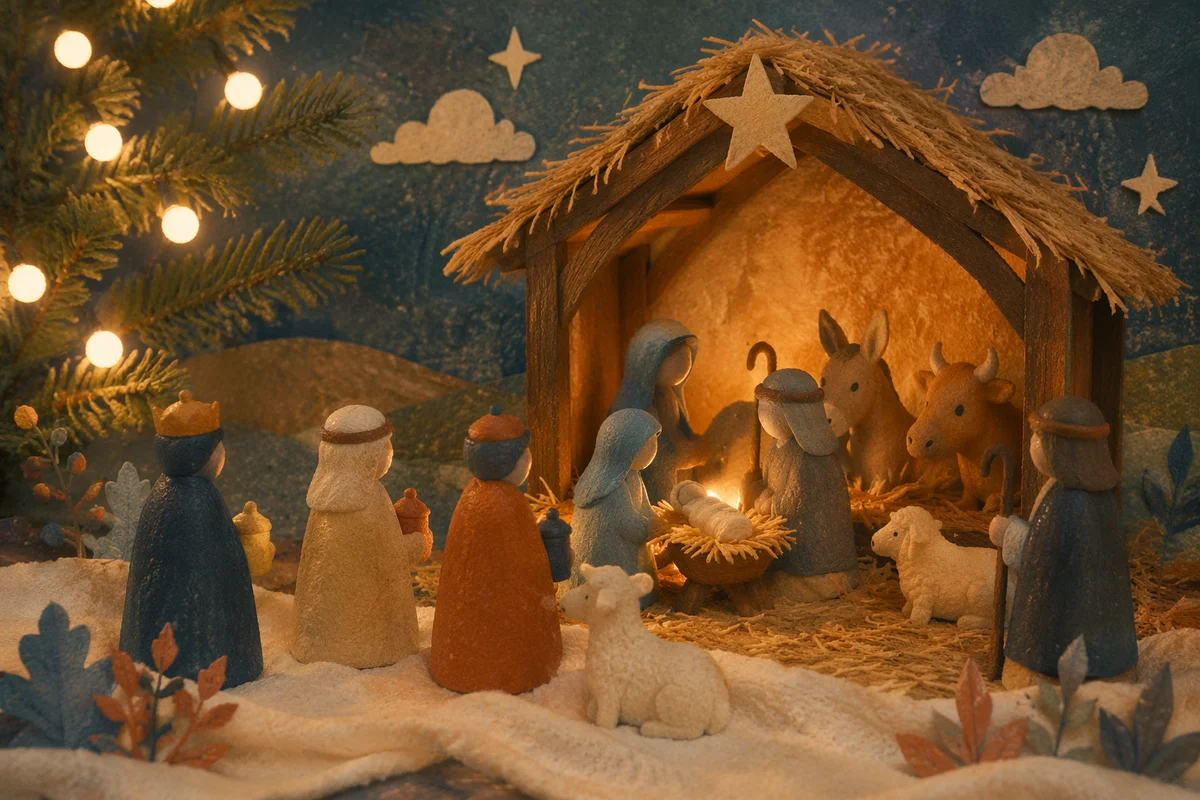 Warm Stable Nativity with Candlelit Bokeh