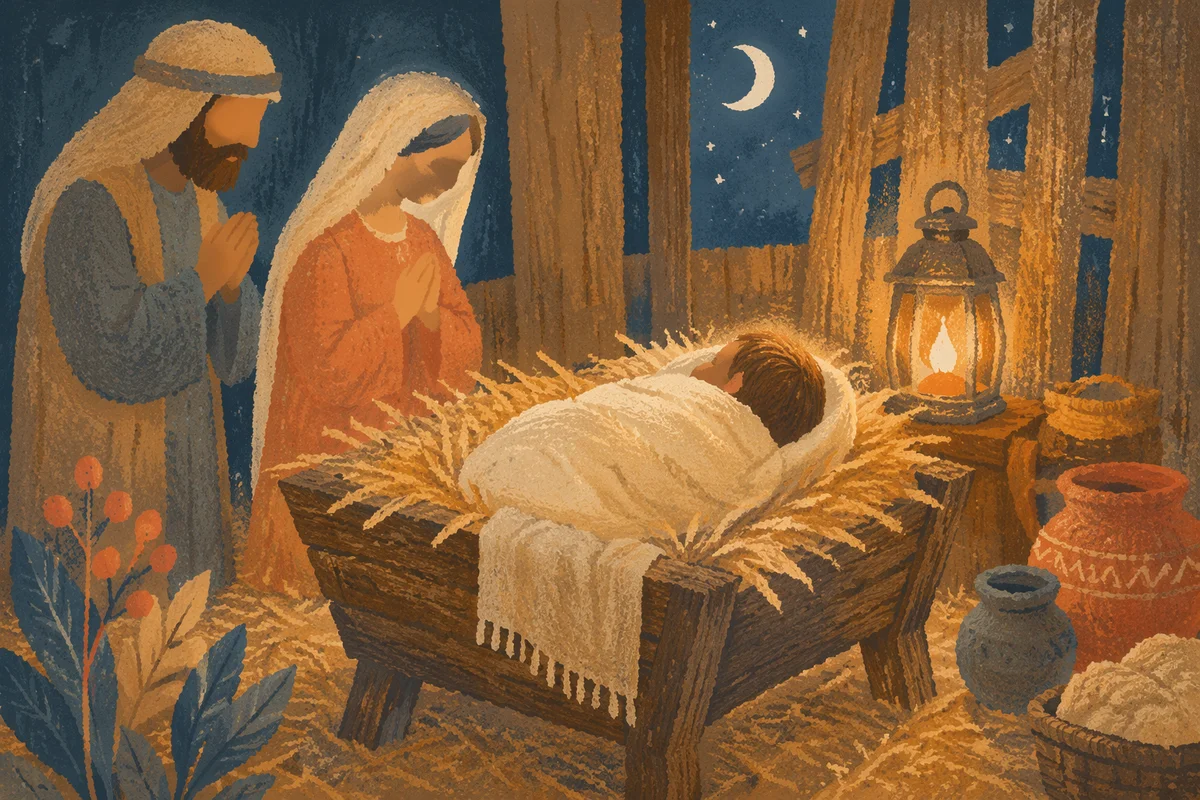 Warm Lantern Nativity in Rustic Stable