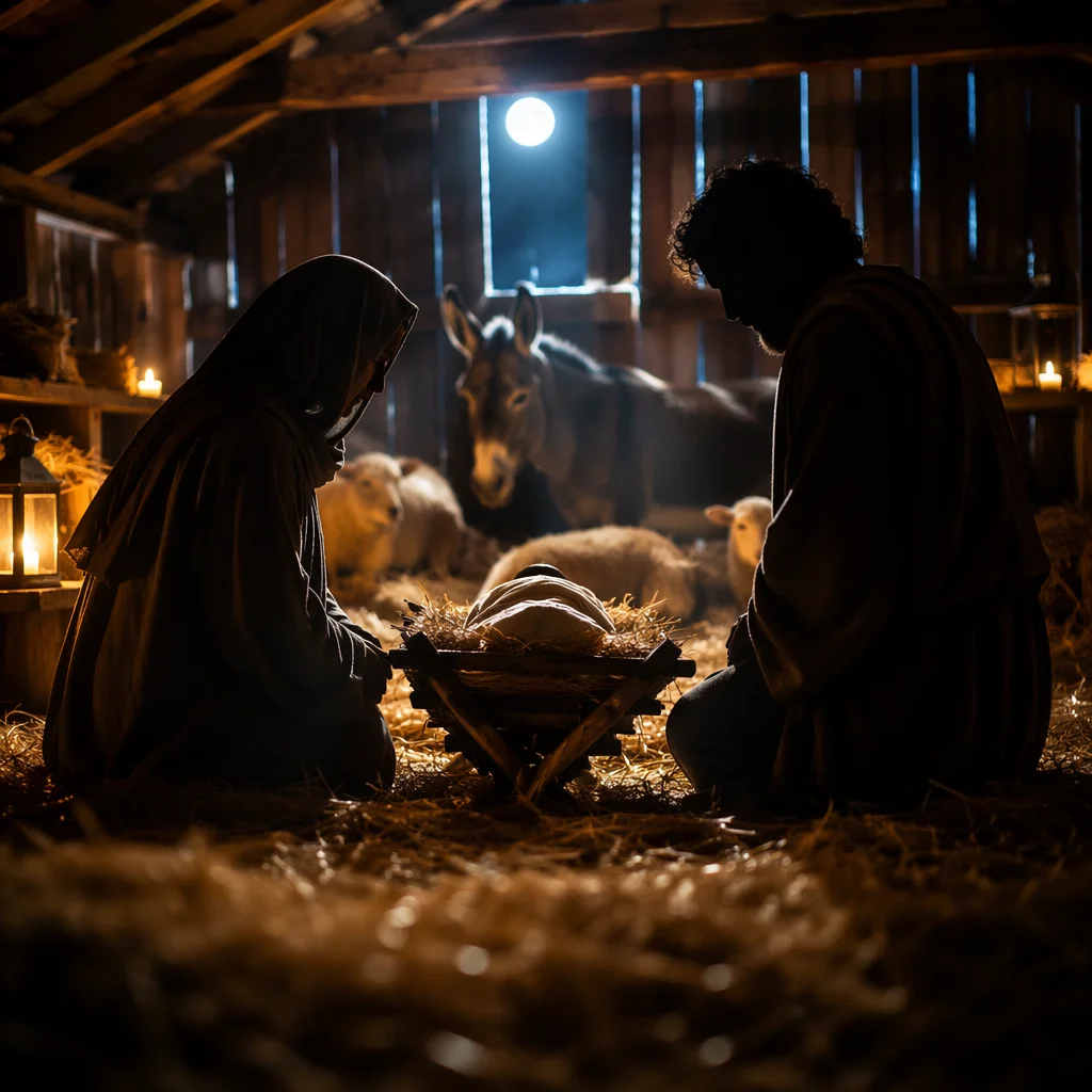 Warm Lantern Nativity in Rustic Stable