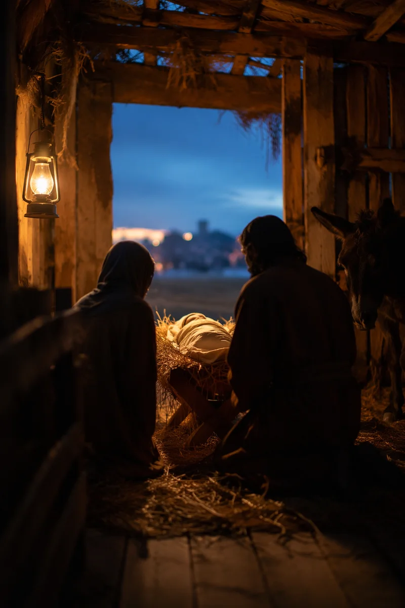 Warm Stable Nativity at Blue Hour