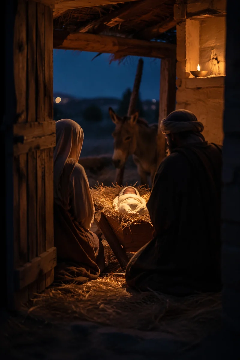 Warm Lantern Nativity Stable at Blue Hour