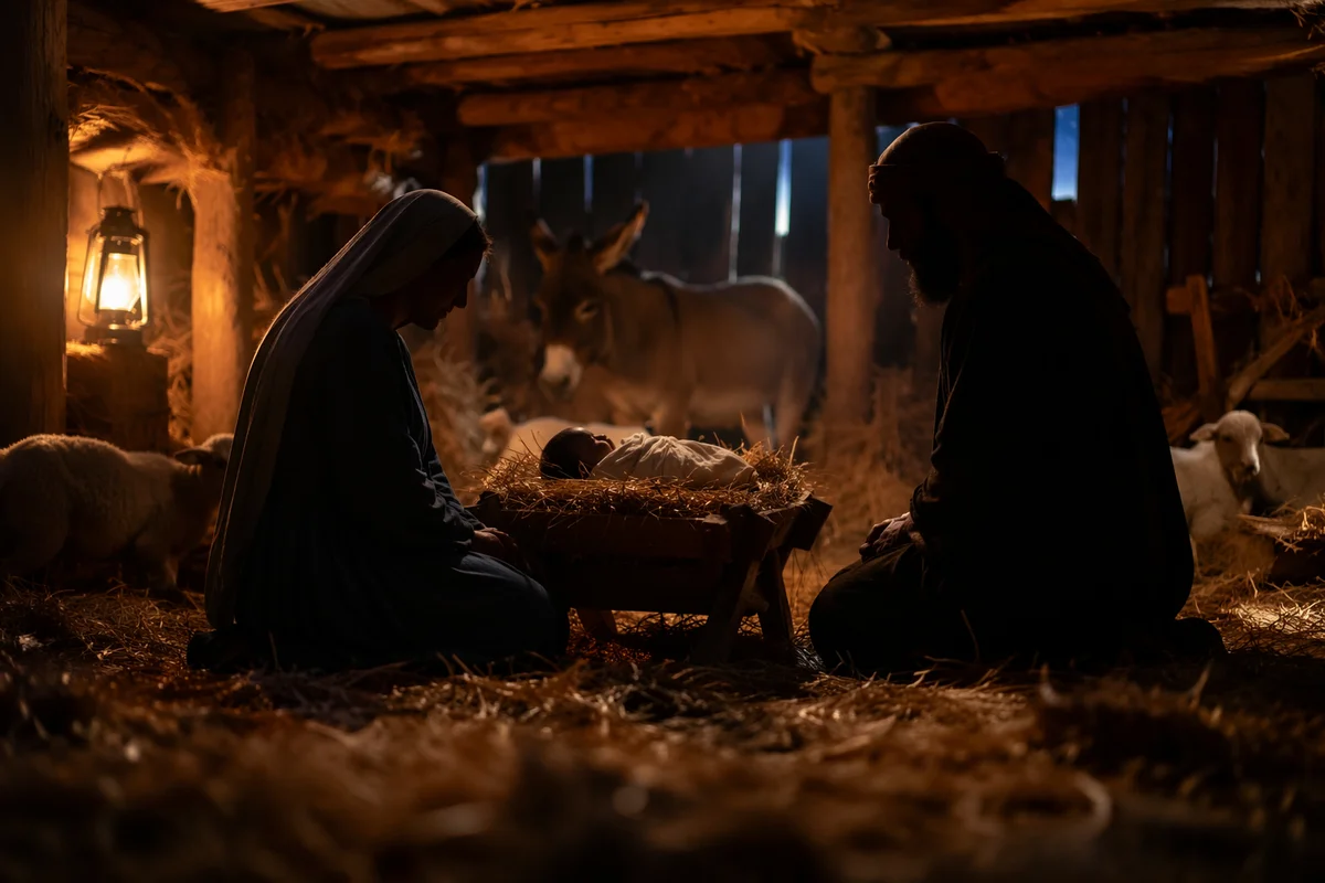 Warm Lantern Nativity in Rustic Stable