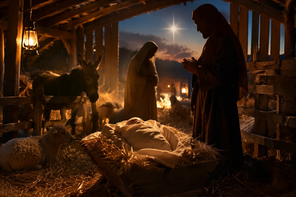 Warm Lantern Nativity in Rustic Stable