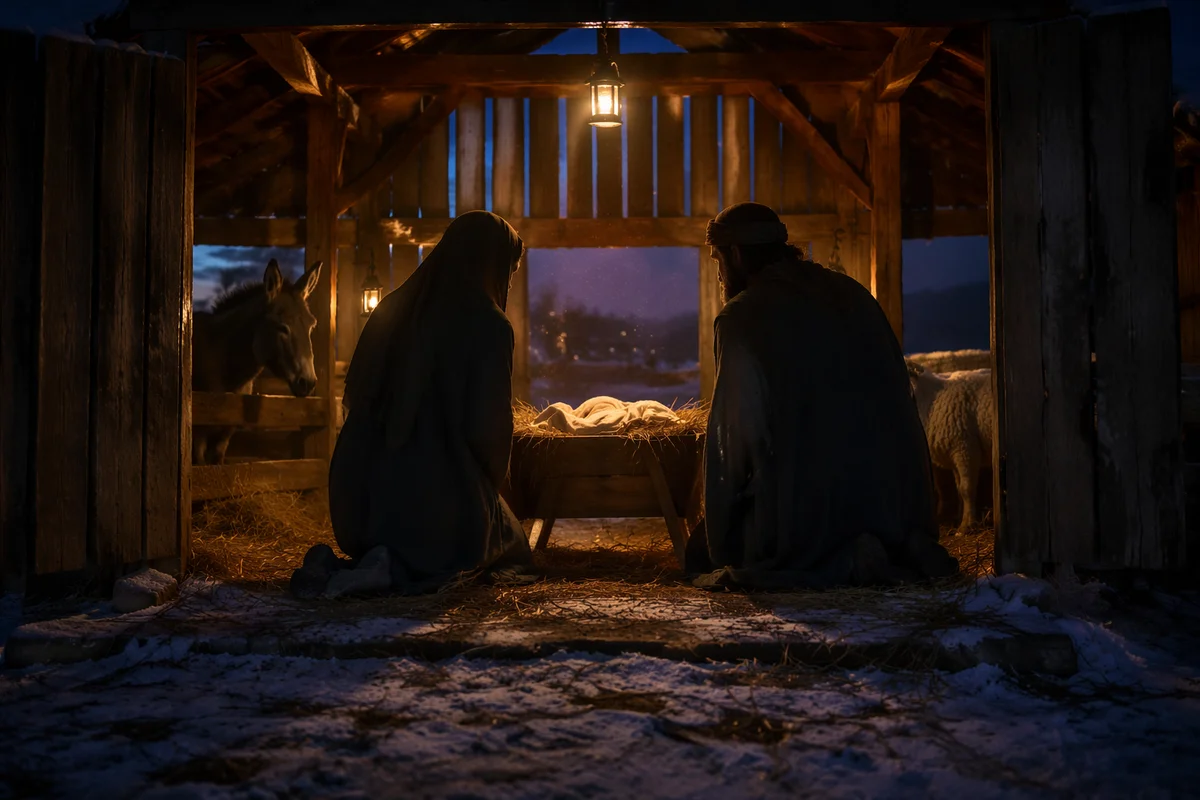 Warm Lantern Nativity in Rustic Stable