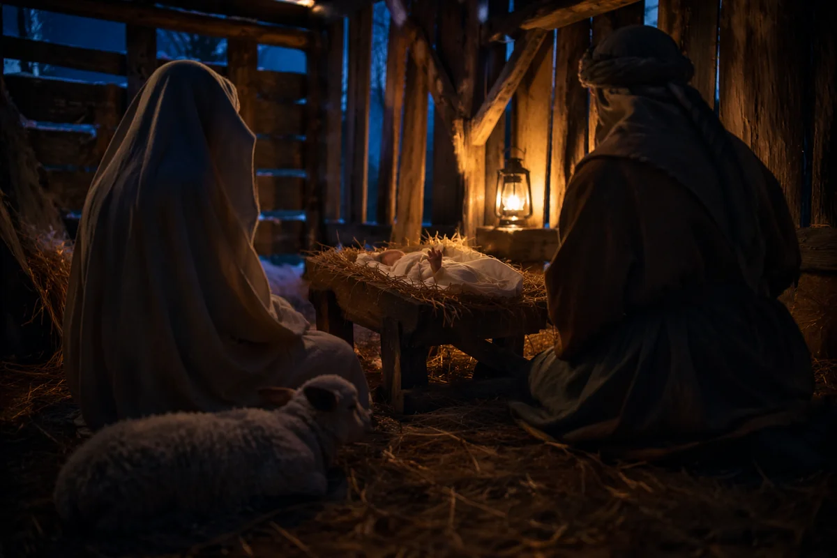 Warm Predawn Nativity in Wooden Stable