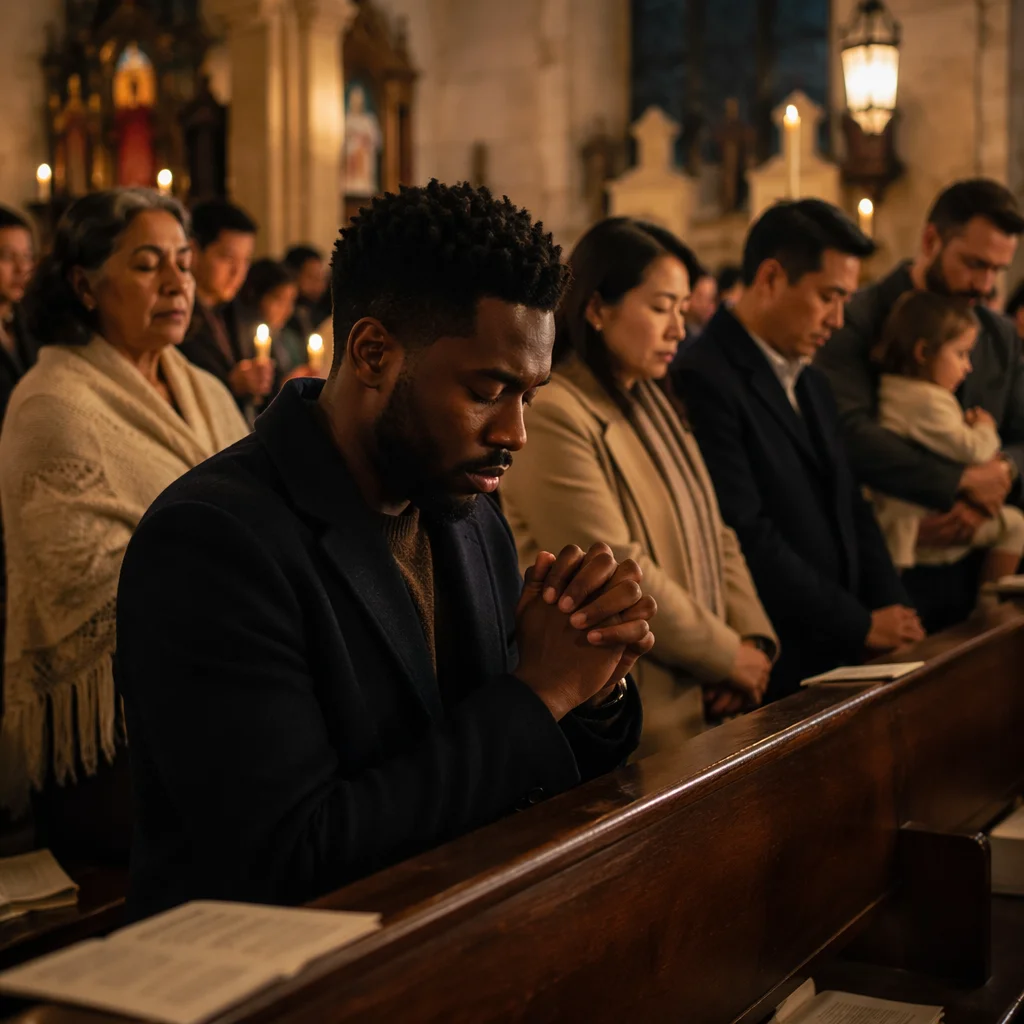 Midnight Prayer in Warm Church Interior