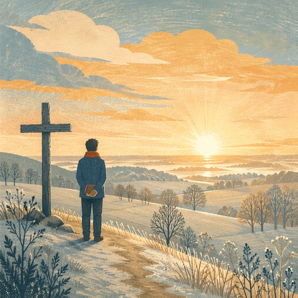 New Year Sunrise Prayer by Wooden Cross
